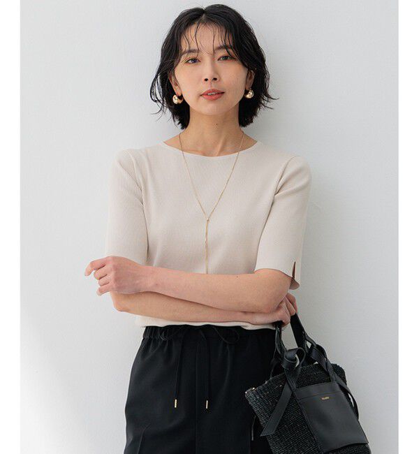 23区「【洗える】レーヨンポリエステルストレッチ 5分袖 ニット」|ニット・セーター|ベージュ系