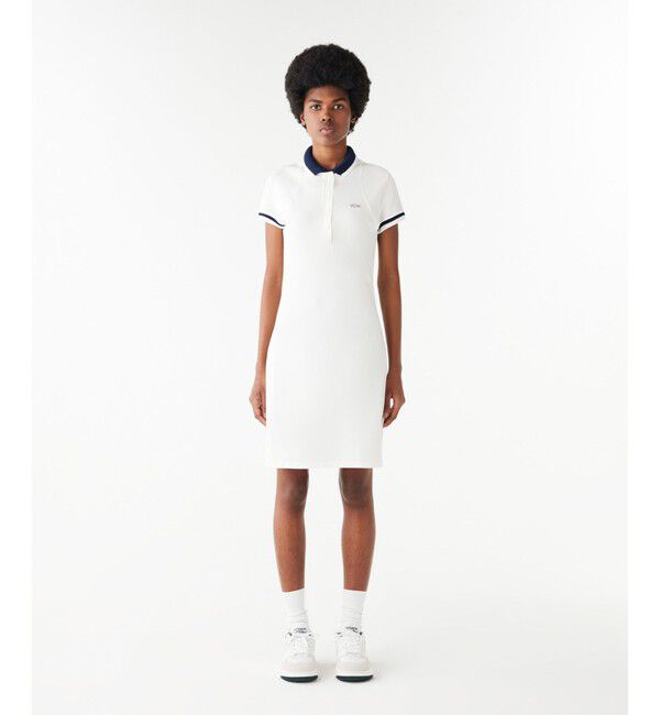 LACOSTE「オーガニックコットン メッシュ切替 ワイドリブニットカラーポロワンピース」|ワンピース|ホワイト
