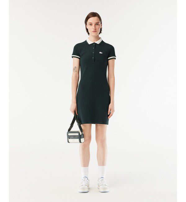 LACOSTE「オーガニックコットン メッシュ切替 ワイドリブニットカラーポロワンピース」|ワンピース|
