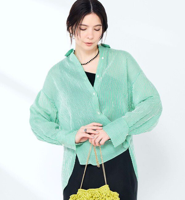NOLLEY'S sophi「ウォッシャブルACARライトストライプ3WAYオーバーシャツ」|シャツ・ブラウス|グリーン系3