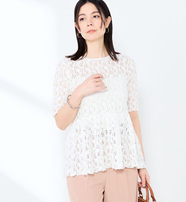 NOLLEY'S sophi「ウォッシャブルストレッチレースペプラム半袖プルオーバー」|シャツ・ブラウス|ホワイト