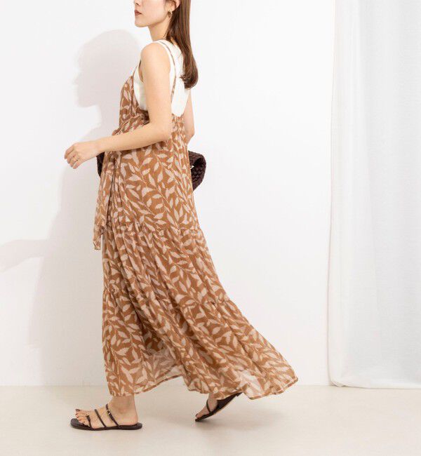 NOLLEY'S「【Import Fabric】ウォッシャブル楊柳リーフ柄ウエストリボンワンピース」|ワンピース|