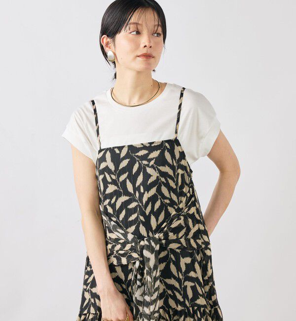 NOLLEY'S「【Import Fabric】ウォッシャブル楊柳リーフ柄ウエストリボンワンピース」|ワンピース|