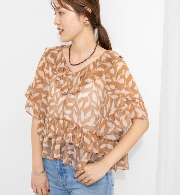 NOLLEY'S「【Import Fabric】ウォッシャブル楊柳リーフ柄フリルブラウス」|シャツ・ブラウス|