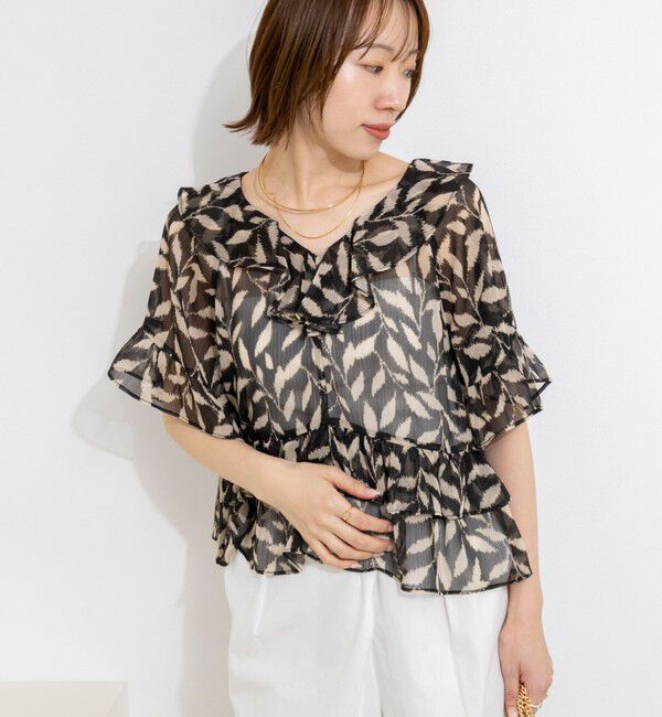 NOLLEY'S「【Import Fabric】ウォッシャブル楊柳リーフ柄フリルブラウス」|シャツ・ブラウス|