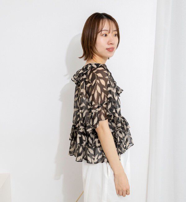 NOLLEY'S「【Import Fabric】ウォッシャブル楊柳リーフ柄フリルブラウス」|シャツ・ブラウス|