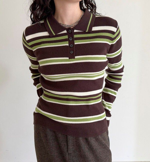 fredy emue「マルチボーダー衿付きリブニット」|ニット・セーター|ブラウン系その他