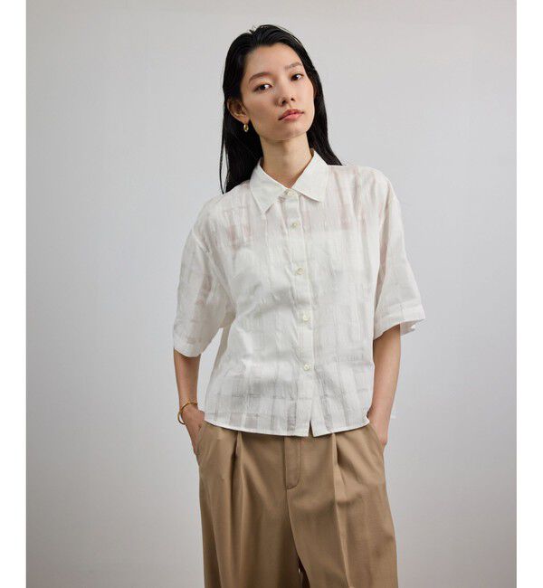 ROPE「【洗える】シアーチェッククロップド5分袖シャツ/セットアップ対応」|シャツ・ブラウス|