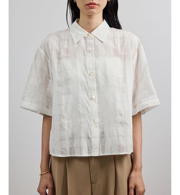 ROPE「【洗える】シアーチェッククロップド5分袖シャツ/セットアップ対応」|シャツ・ブラウス|