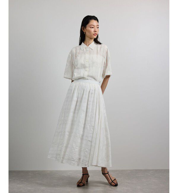 ROPE「【洗える】シアーチェッククロップド5分袖シャツ/セットアップ対応」|シャツ・ブラウス|