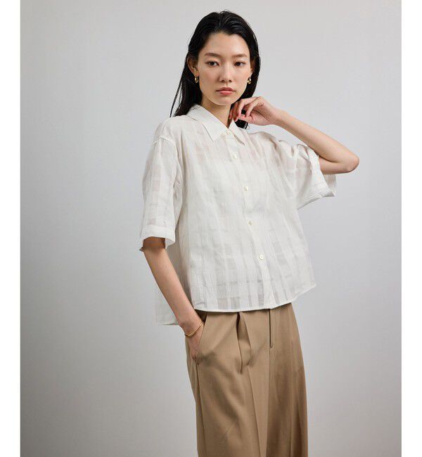 ROPE「【洗える】シアーチェッククロップド5分袖シャツ/セットアップ対応」|シャツ・ブラウス|