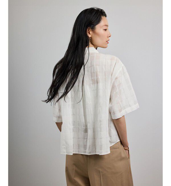ROPE「【洗える】シアーチェッククロップド5分袖シャツ/セットアップ対応」|シャツ・ブラウス|