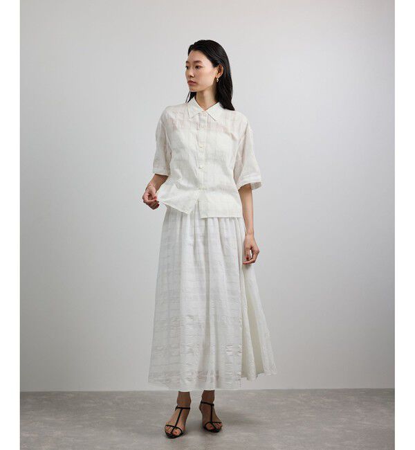 ROPE「【洗える】シアーチェッククロップド5分袖シャツ/セットアップ対応」|シャツ・ブラウス|