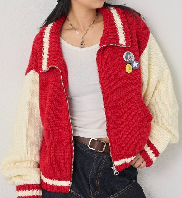  「ニットスタジャン」|カーディガン|レッド