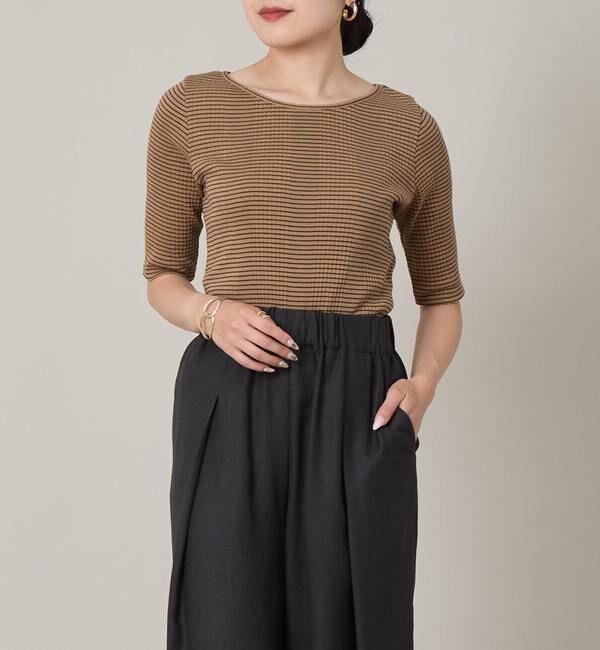 Liesse「ボートネック＆分袖ボーダープルオーバー」|Tシャツ・カットソー|ベージュ&times;ブラック