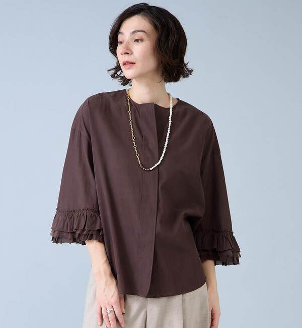 Liesse「フリルスリーブスキッパーブラウス」|シャツ・ブラウス|ブラウン