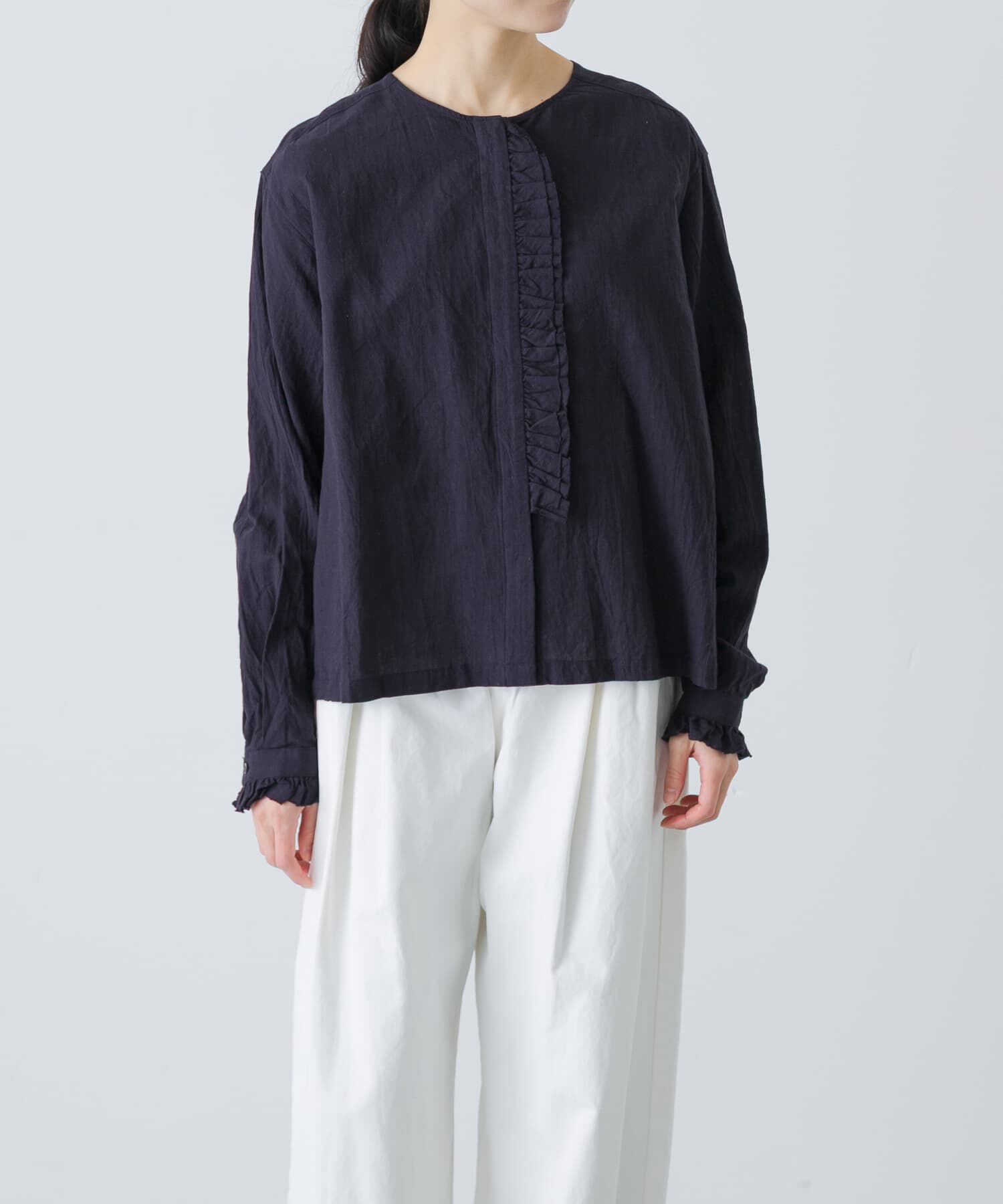 かぐれ「コットンリネンフリルブラウス」|シャツ・ブラウス|ネイビー
