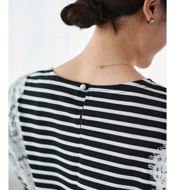 le.coeur blanc「《手洗い可能》Perle Peche ボーダー&times;レースカットソー」|Tシャツ・カットソー|