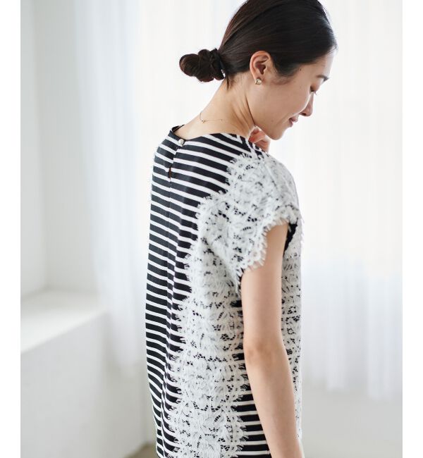 le.coeur blanc「《手洗い可能》Perle Peche ボーダー&times;レースカットソー」|Tシャツ・カットソー|