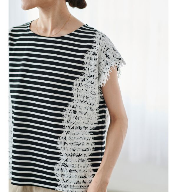 le.coeur blanc「《手洗い可能》Perle Peche ボーダー&times;レースカットソー」|Tシャツ・カットソー|