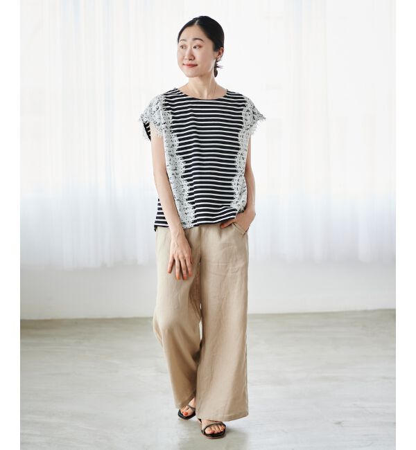 le.coeur blanc「《手洗い可能》Perle Peche ボーダー&times;レースカットソー」|Tシャツ・カットソー|