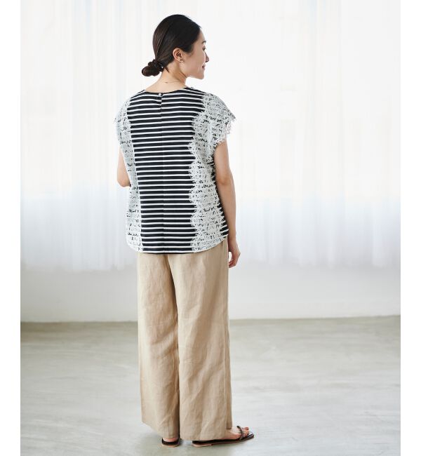 le.coeur blanc「《手洗い可能》Perle Peche ボーダー&times;レースカットソー」|Tシャツ・カットソー|