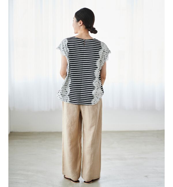 le.coeur blanc「《手洗い可能》Perle Peche ボーダー&times;レースカットソー」|Tシャツ・カットソー|