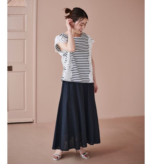 le.coeur blanc「《手洗い可能》Perle Peche ボーダー&times;レースカットソー」|Tシャツ・カットソー|