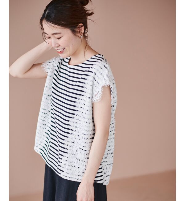 le.coeur blanc「《手洗い可能》Perle Peche ボーダー&times;レースカットソー」|Tシャツ・カットソー|