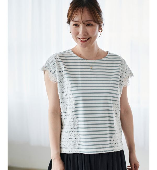 le.coeur blanc「《手洗い可能》Perle Peche ボーダー&times;レースカットソー」|Tシャツ・カットソー|