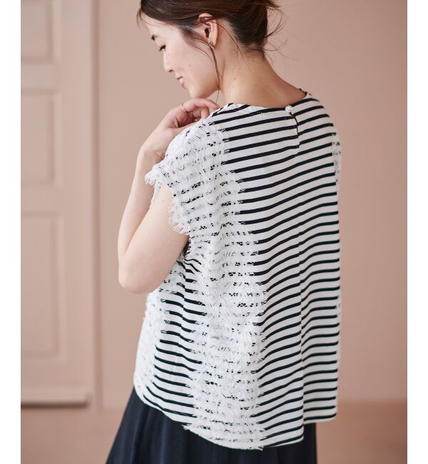 le.coeur blanc「《手洗い可能》Perle Peche ボーダー&times;レースカットソー」|Tシャツ・カットソー|