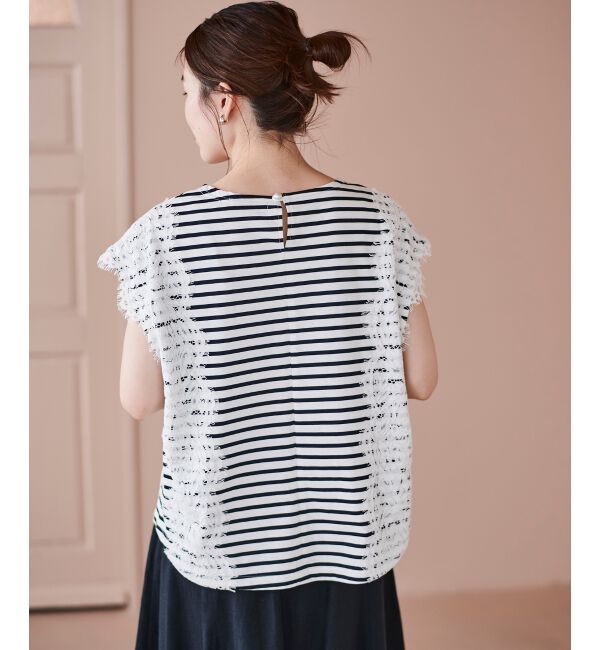 le.coeur blanc「《手洗い可能》Perle Peche ボーダー&times;レースカットソー」|Tシャツ・カットソー|