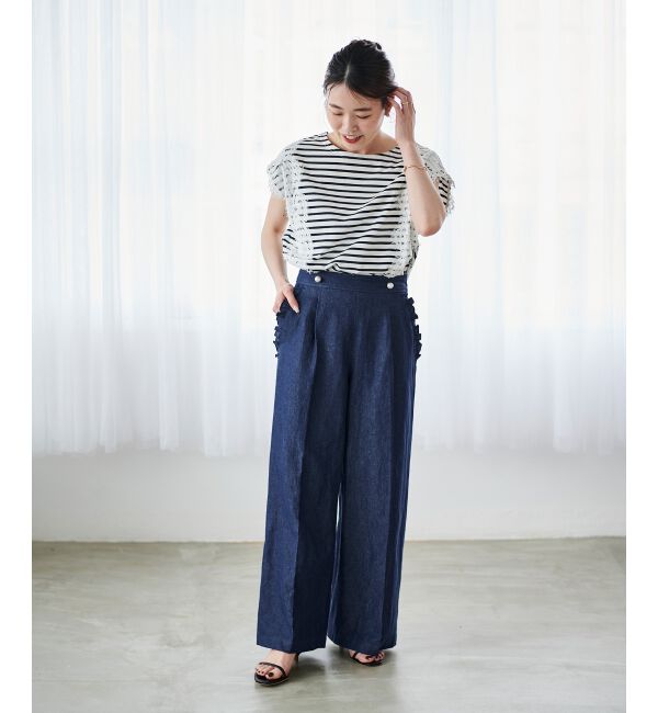 le.coeur blanc「《手洗い可能》Perle Peche ボーダー&times;レースカットソー」|Tシャツ・カットソー|