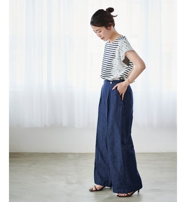 le.coeur blanc「《手洗い可能》Perle Peche ボーダー&times;レースカットソー」|Tシャツ・カットソー|