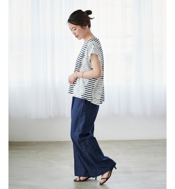 le.coeur blanc「《手洗い可能》Perle Peche ボーダー&times;レースカットソー」|Tシャツ・カットソー|