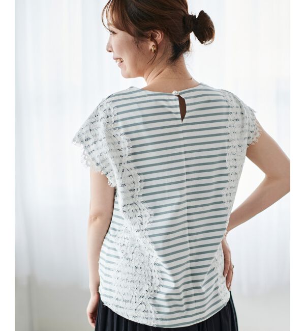 le.coeur blanc「《手洗い可能》Perle Peche ボーダー&times;レースカットソー」|Tシャツ・カットソー|