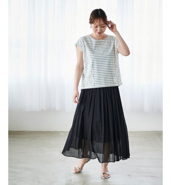 le.coeur blanc「《手洗い可能》Perle Peche ボーダー&times;レースカットソー」|Tシャツ・カットソー|