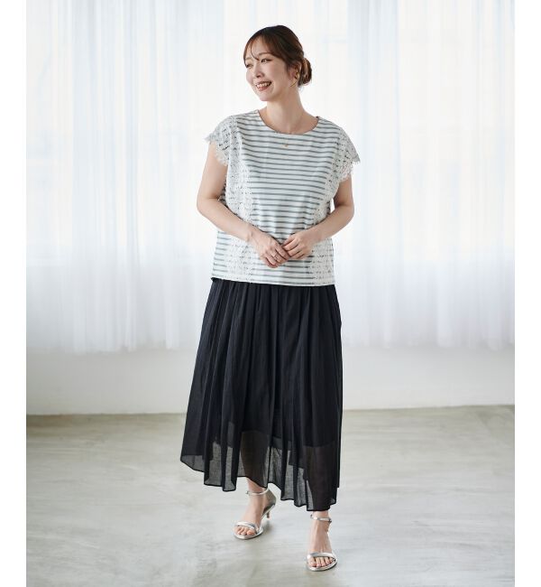 le.coeur blanc「《手洗い可能》Perle Peche ボーダー&times;レースカットソー」|Tシャツ・カットソー|