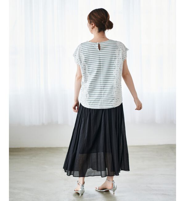 le.coeur blanc「《手洗い可能》Perle Peche ボーダー&times;レースカットソー」|Tシャツ・カットソー|