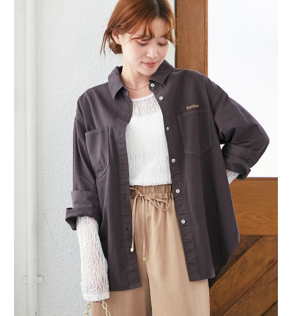  「刺繍カラーダブルポケットオーバーシャツ」|シャツ・ブラウス|D／グレー