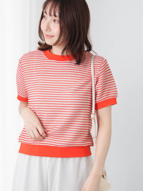 Te chichi TERRASSE「シアーボーダー半袖プルオーバー」|その他|オレンジ