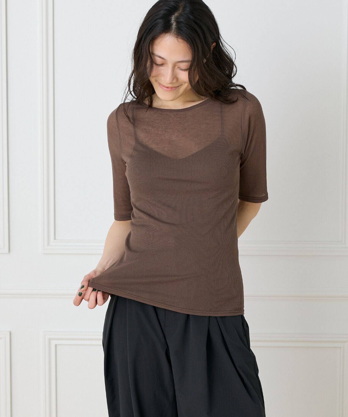 DAY by DAY it&rsquo;s international「シアーテレコボートネック5分袖プルオーバー」|Tシャツ・カットソー|ブラウン