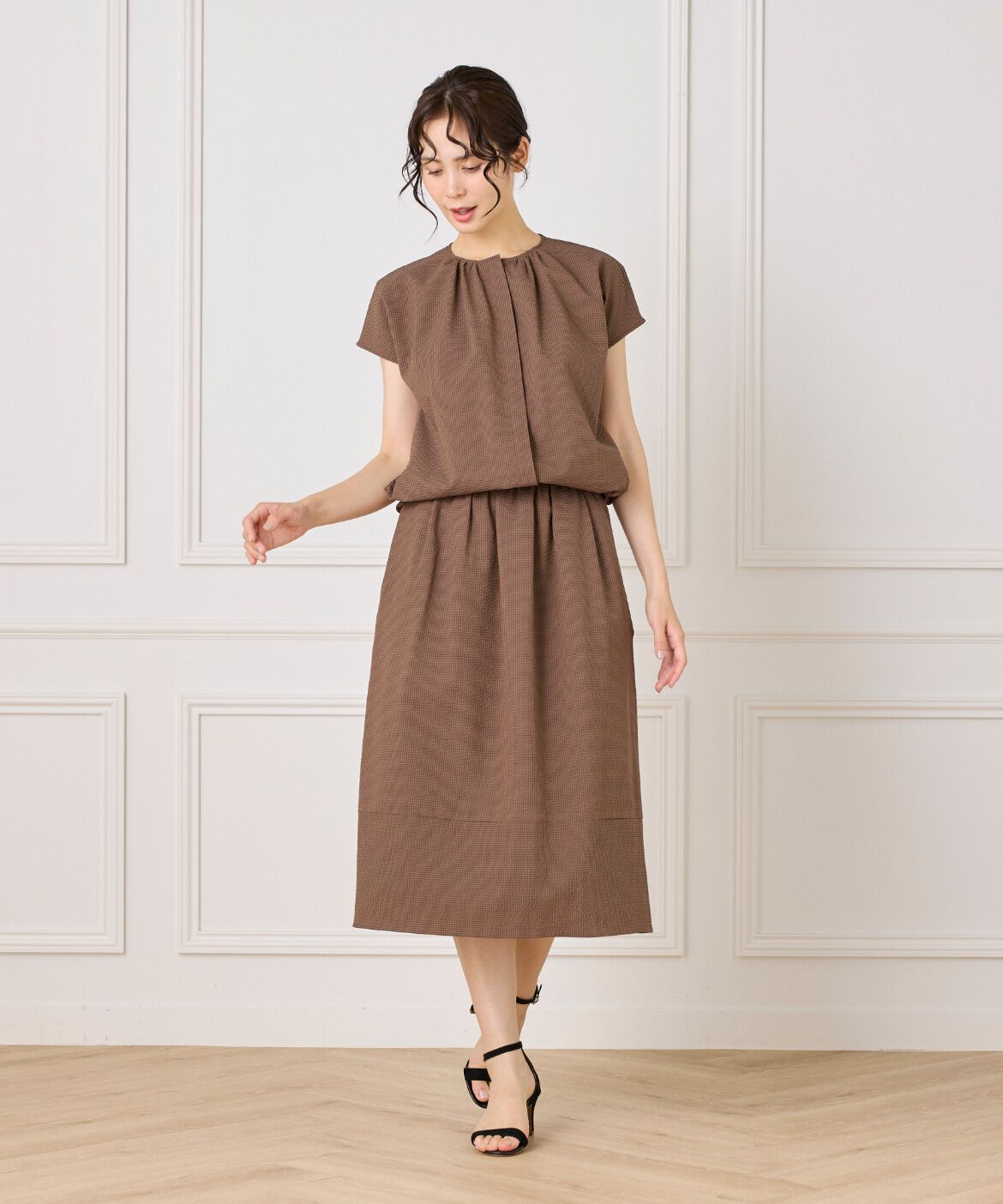 7-IDconcept.「《大きいサイズ》サッカーチェック 切り替えギャザースカート」|台形|