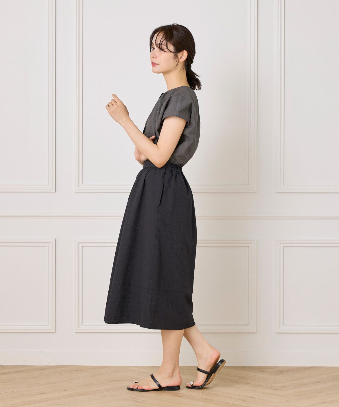 7-IDconcept.「《大きいサイズ》サッカーチェック 切り替えギャザースカート」|台形|