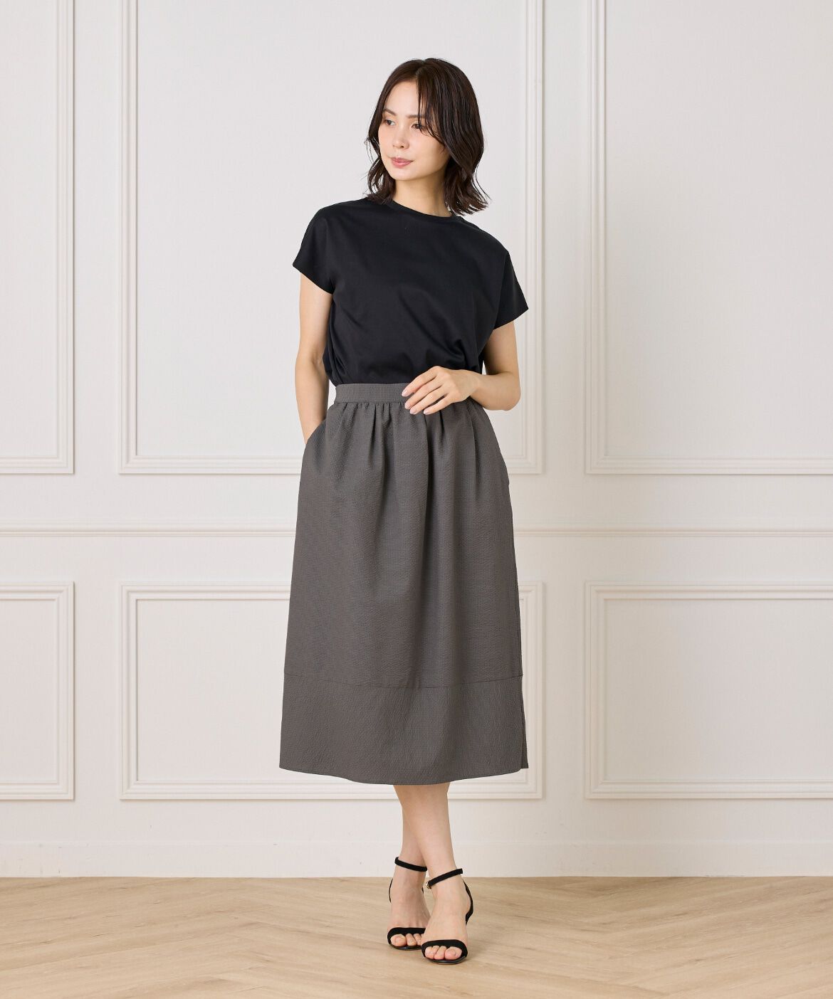 7-IDconcept.「《大きいサイズ》サッカーチェック 切り替えギャザースカート」|台形|