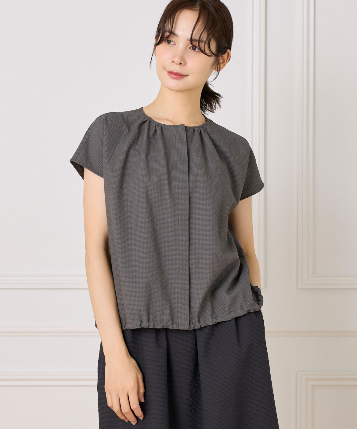 7-IDconcept.「サッカーチェック フレンチスリーブブラウス」|シャツ・ブラウス|チャコールグ 3
