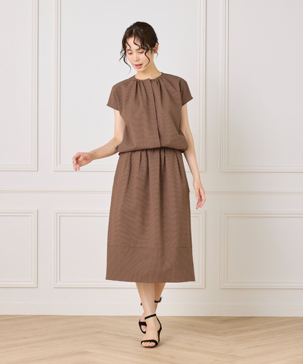 7-IDconcept.「サッカーチェック フレンチスリーブブラウス」|シャツ・ブラウス|