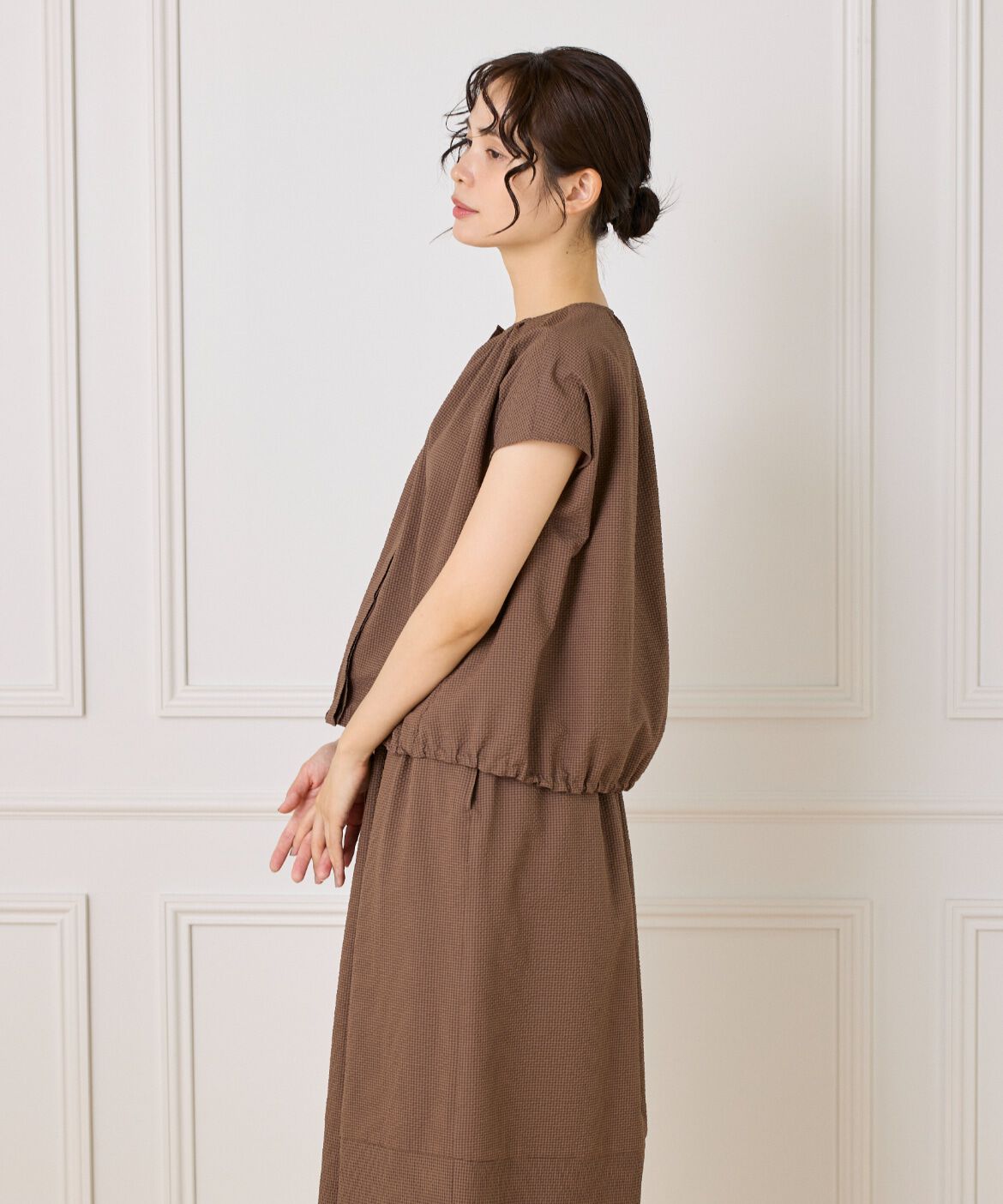 7-IDconcept.「《大きいサイズ》サッカーチェック フレンチスリーブブラウス」|シャツ・ブラウス|