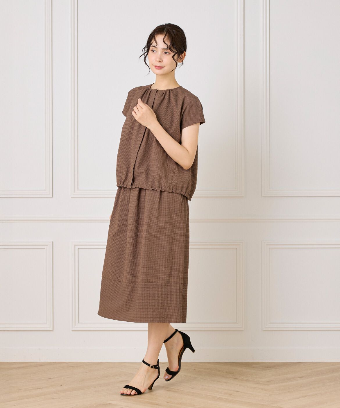 7-IDconcept.「《大きいサイズ》サッカーチェック フレンチスリーブブラウス」|シャツ・ブラウス|