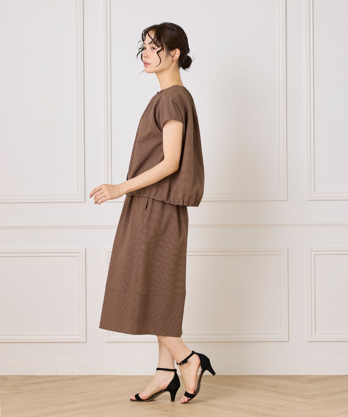 7-IDconcept.「《大きいサイズ》サッカーチェック フレンチスリーブブラウス」|シャツ・ブラウス|